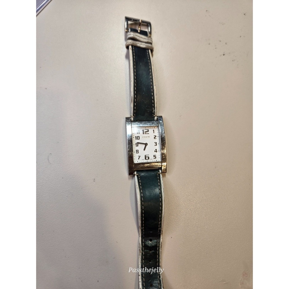 Coach 0233 Women's Quartz Silver Tone Rectangular Watch White Dial Leather Band